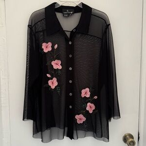Carole Little Black Sheer button up with Pink Floral Embroidery fairy whimsigoth